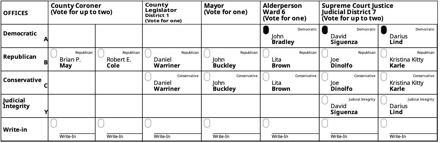 A ballot showing offices in the top row, parties in the far left column, and candidate names in the other cells.